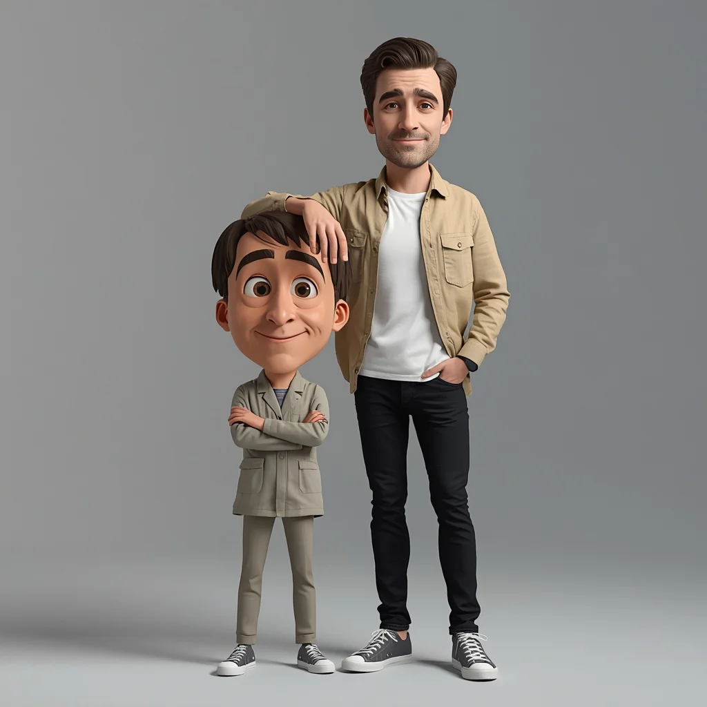 Real Man and His Stylized Pixar Caricature Companion | Men DP Prompt — AI image prompt