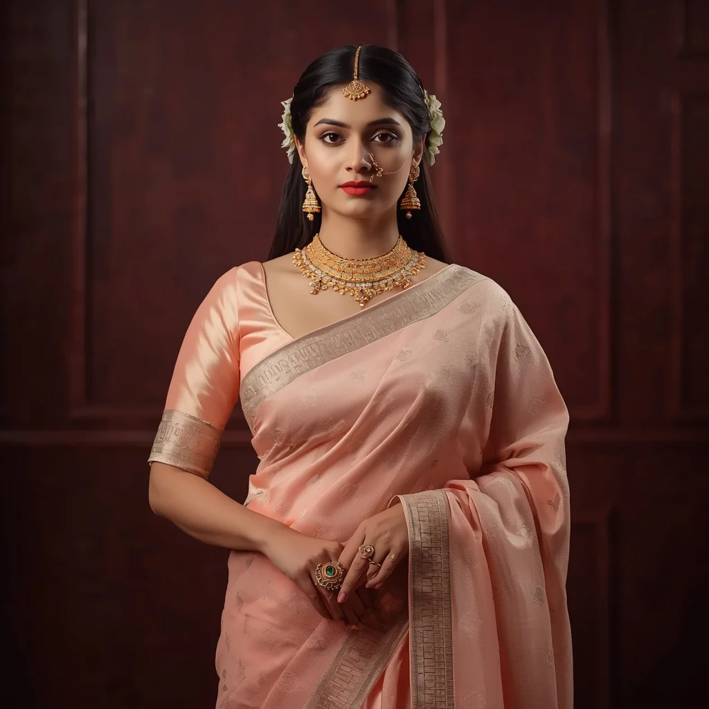 Regal Indian Woman in a Deep Peach Pastel Saree with Traditional Opulence | Blue Saree Prompt — AI image prompt