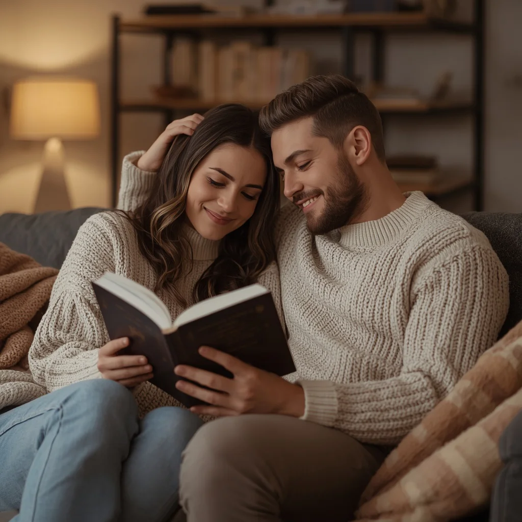 Relaxed Couple Reading Together in a Cozy Indoor Setting | Hot Love Prompt — AI image prompt