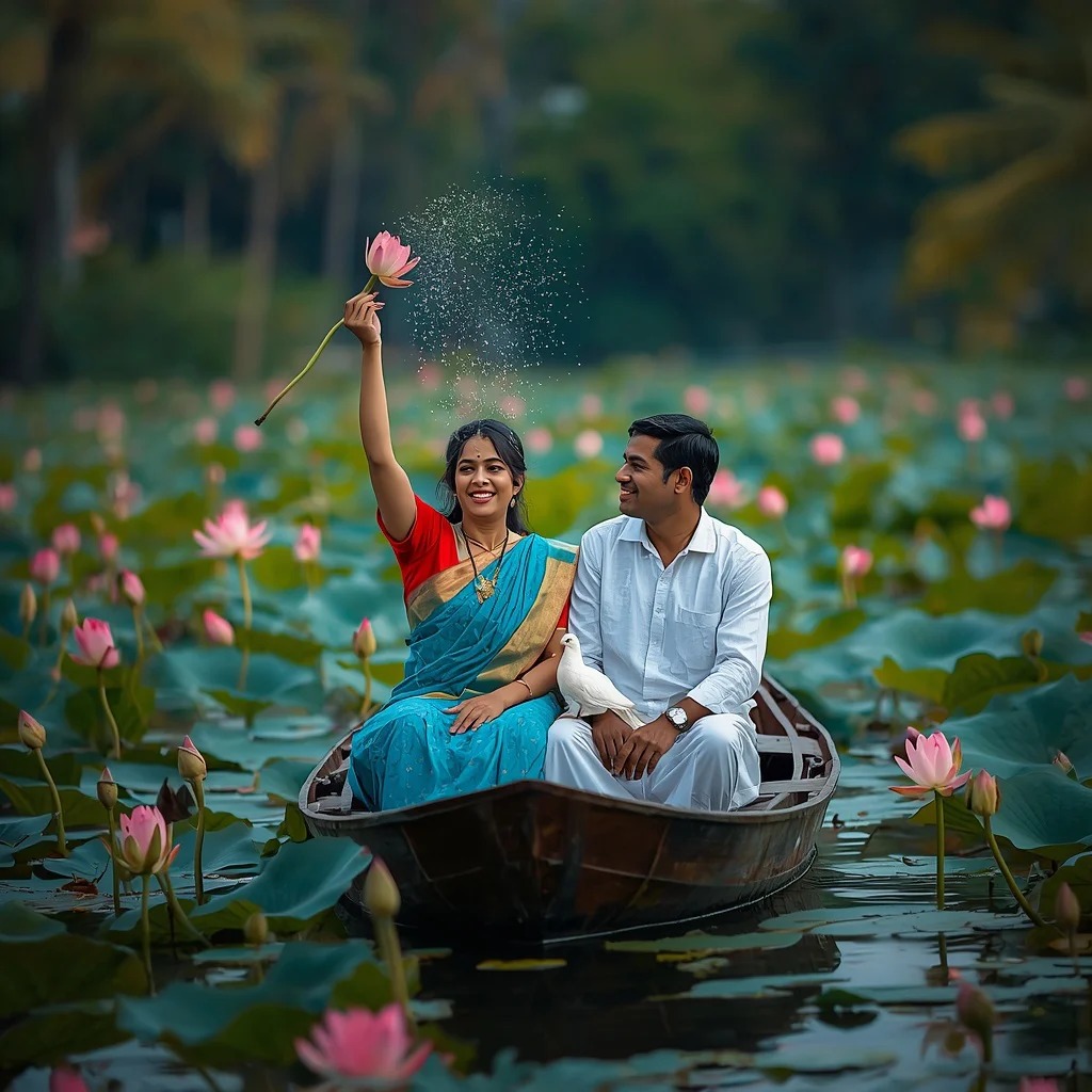 Romantic Couple on a Serene Backwater Lotus Pond | Romantic Generator Prompt — AI image prompt