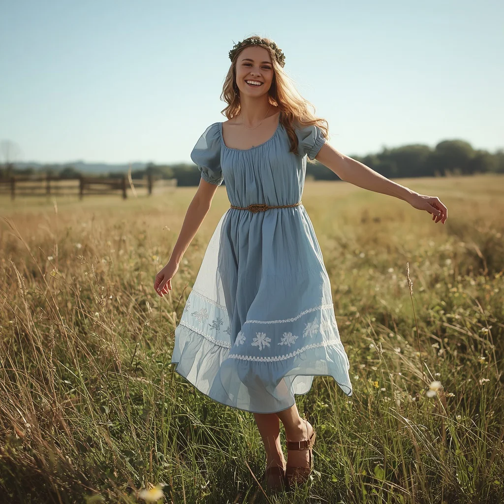 Rustic Country Dance in a Flowy Cotton Dress | New Woman Prompt — AI image prompt