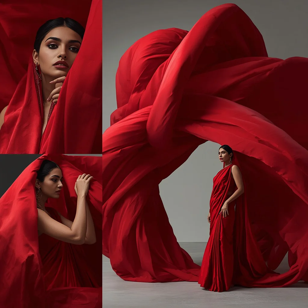 Sculptural Fabric Drape Collage: Indian Woman in Dynamic Textile Forms | Instagram Traditional Prompt — AI image prompt