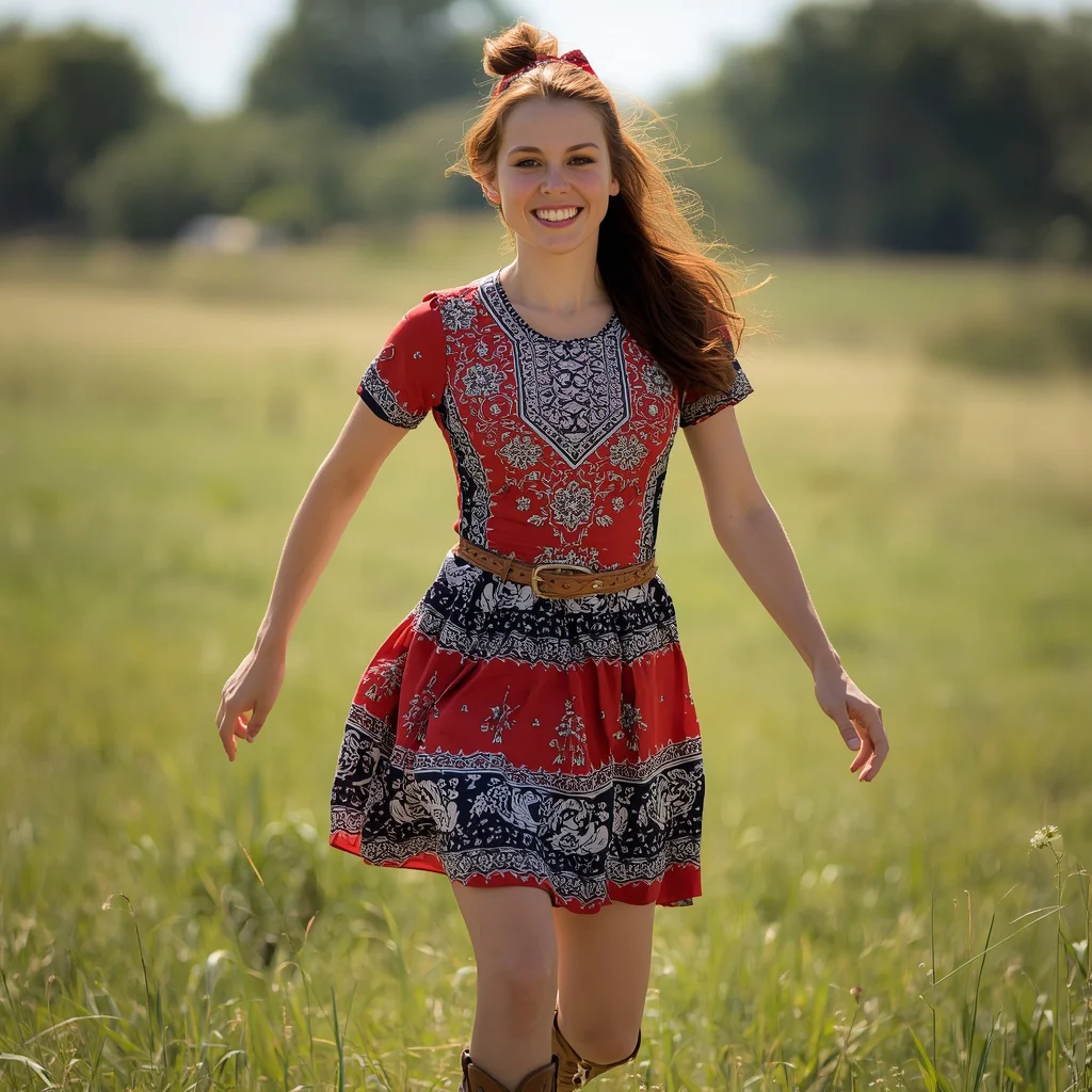 Spirited Cowgirl in a Vibrant Bandana Print Dress | Viral Girl Prompt — AI image prompt