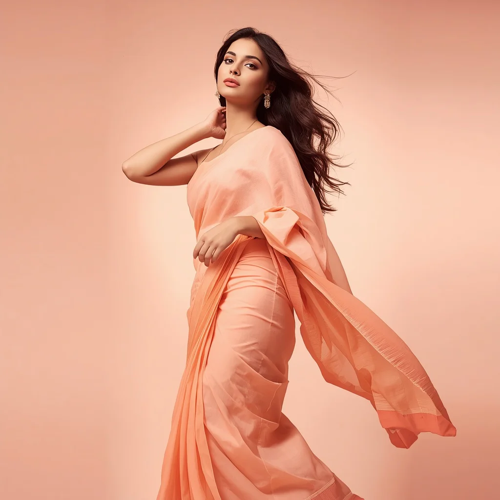 Stylish Indian Woman in a Peach Pastel Saree, Confident and Effortless Chic | Cinematic Saree Prompt — AI image prompt