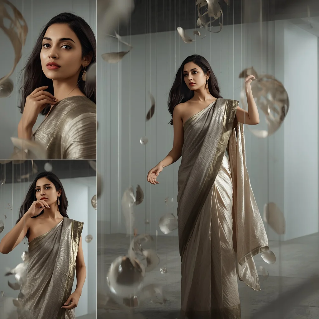 Suspended Kinetic Sculpture Collage: Indian Woman with Moving Forms | Photo Saree Prompt — AI image prompt