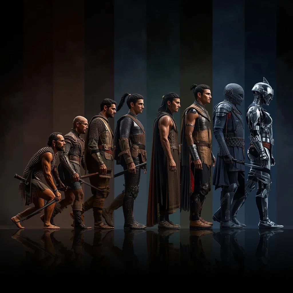 The Evolution of Men Through History from Primitive Hunter to Futuristic Leader | Handsome AI Prompt — AI image prompt