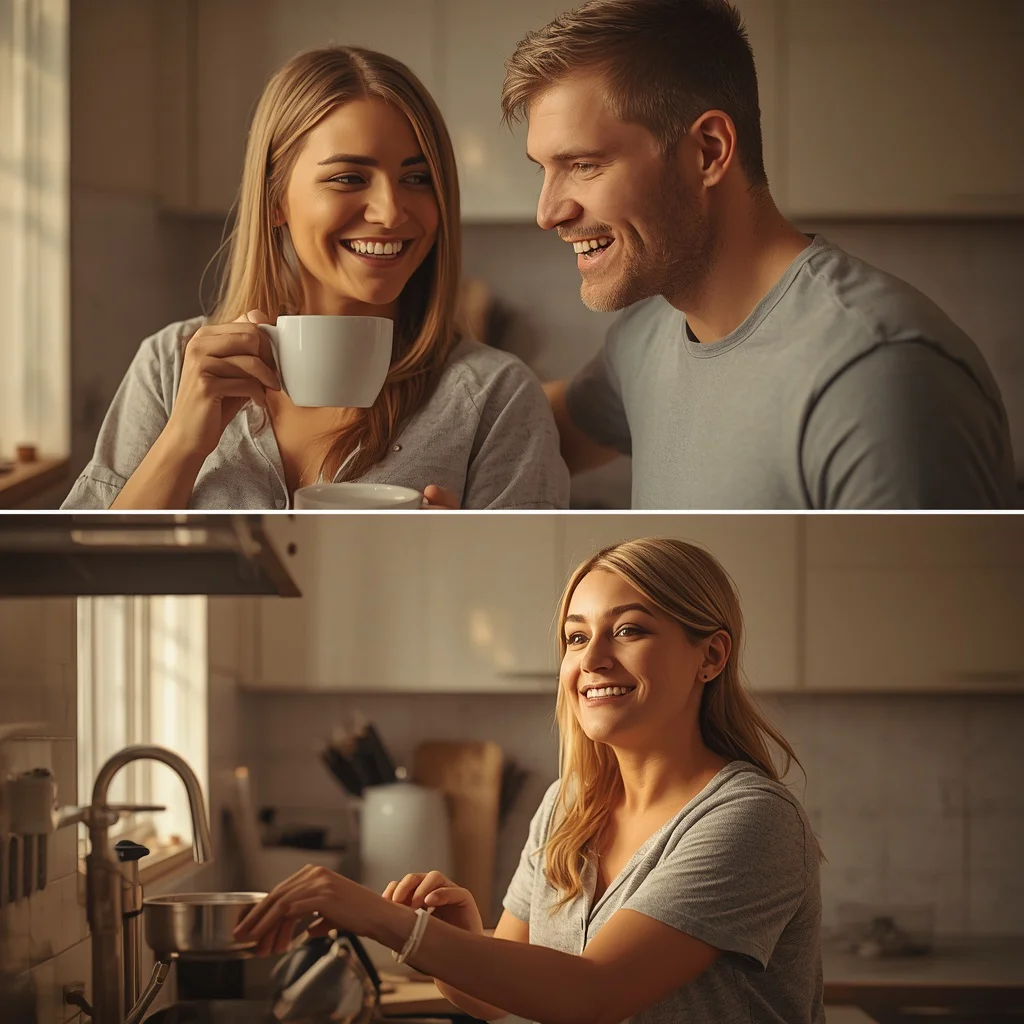 Three-Frame Stacked Collage: Couple's Morning Routine | Story Couple Prompt — AI image prompt