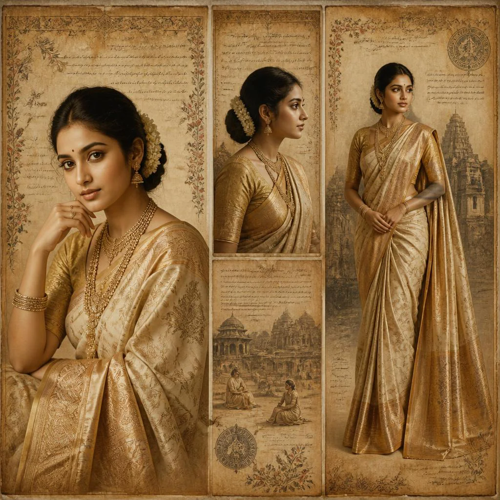 Timeless Antique Scroll Collage: Indian Woman in Elegant Historical Narratives | Elegant Saree Prompt — AI image prompt