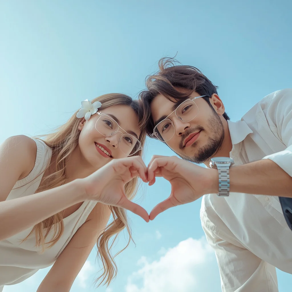 Transparent Eyeglasses and Heart Hands: A Low-Angle Love Story | Gemini Love Prompt — AI image prompt