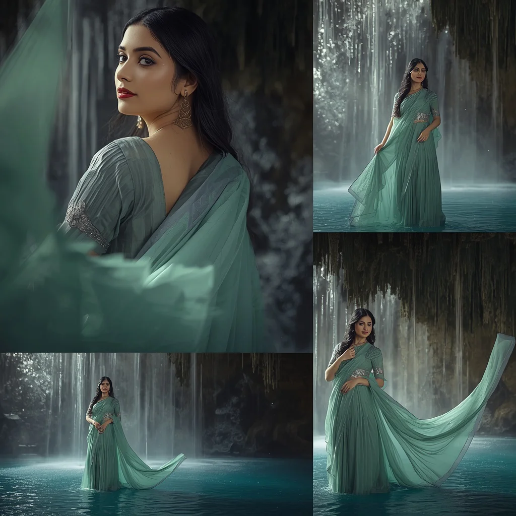 Whispering Waterfall Cave Collage: Indian Woman in Serene Aquatic Retreat | Beautiful Saree Prompt — AI image prompt