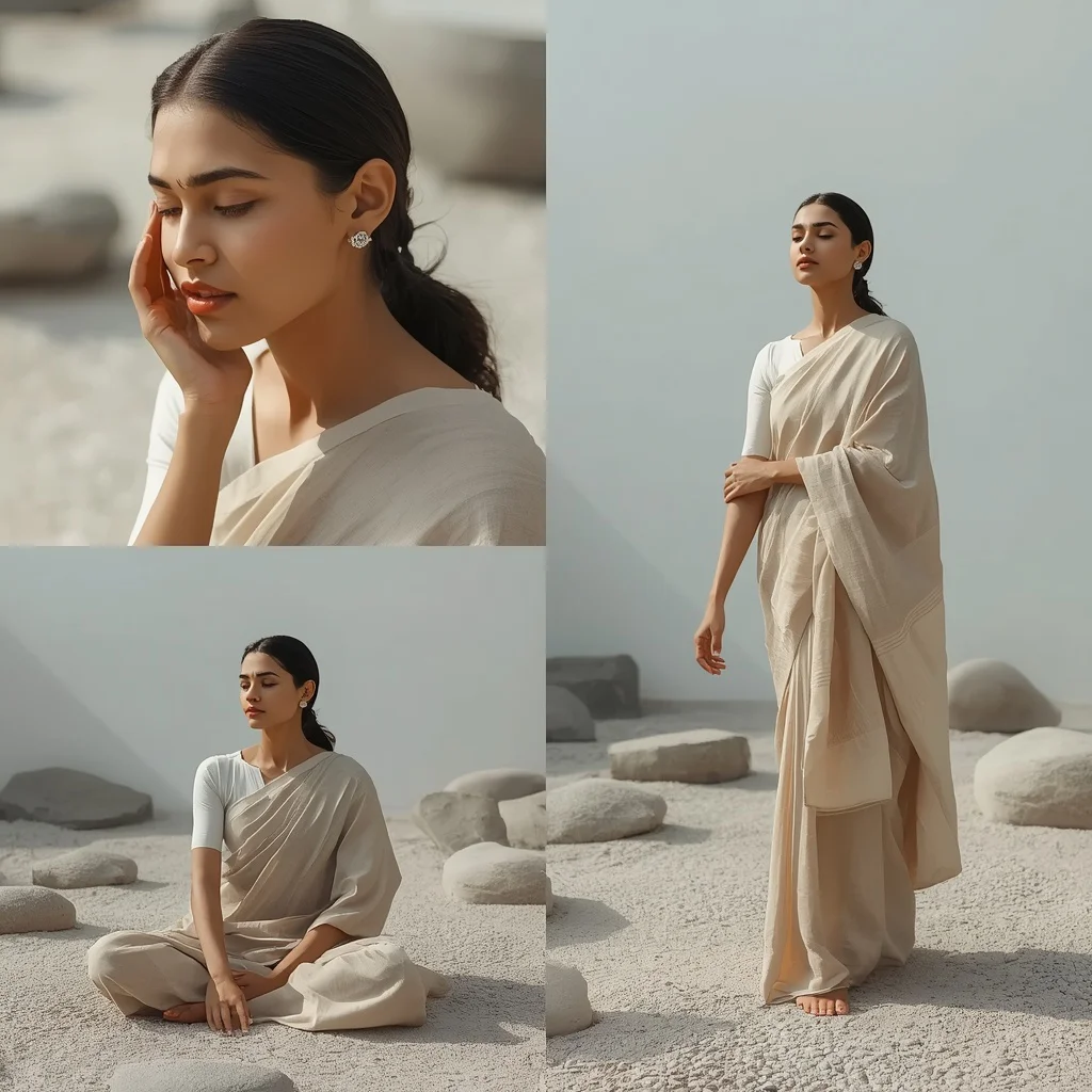 Zen Stone Garden Collage: Indian Woman in Minimalist Tranquility | Gemini Traditional Prompt — AI image prompt